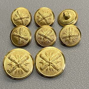 8 Vintage Blazer Buttons Gold Tone Metal Starburst Ordnance Cannons 20mm & 15mm